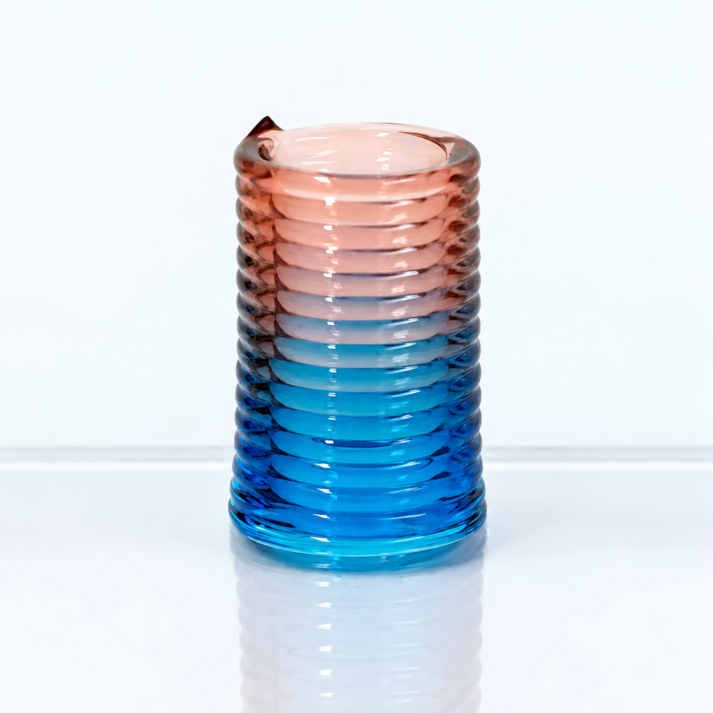 AI-upscaled photograph of a layered cylindrical printed construct with a blue-to-peach color gradient
