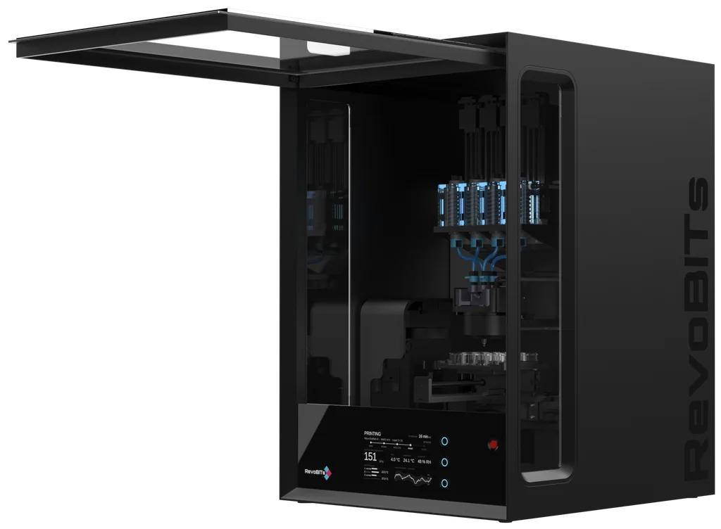 RevoBITs byte 1 bioprinter with its door open, viewed from the right